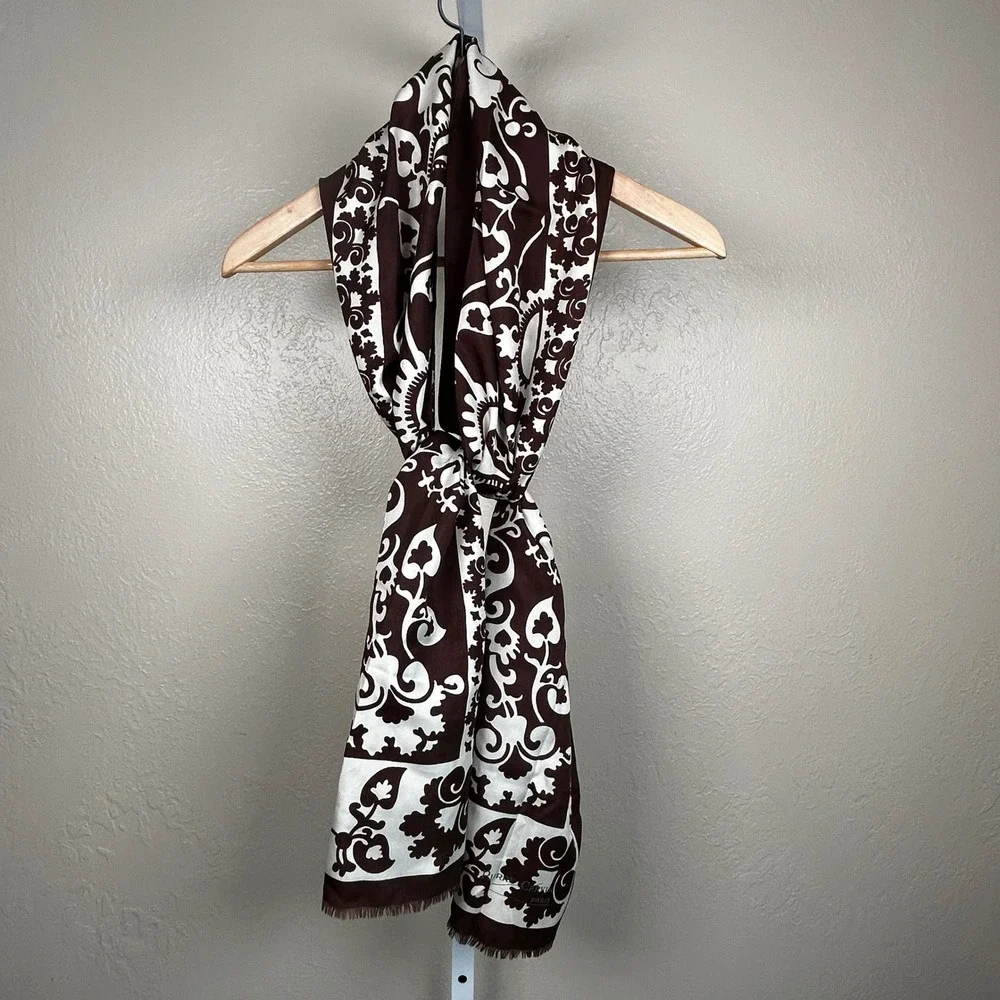 Pierre Carvin Scarf Brown Womens Paisley Floral Damask Fringe Paris 68x17 in